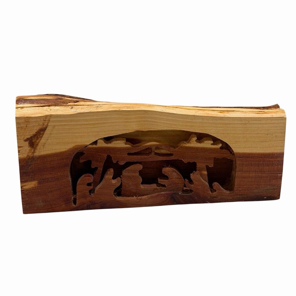 Hand Carved Wood Log Nativity Manger Scene Manger Small Minimalist Tree Bark